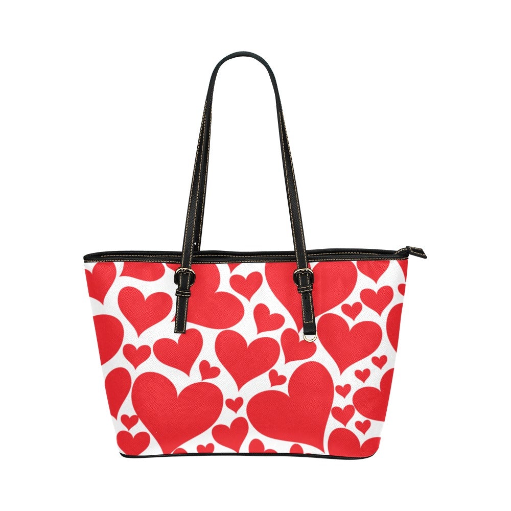 Large Leather Tote Shoulder Bag -  With Black Handle Love Red Hearts