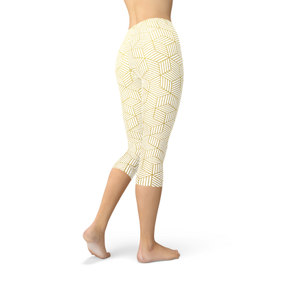 Womens White Capri Leggings w/ Geometric Cubes