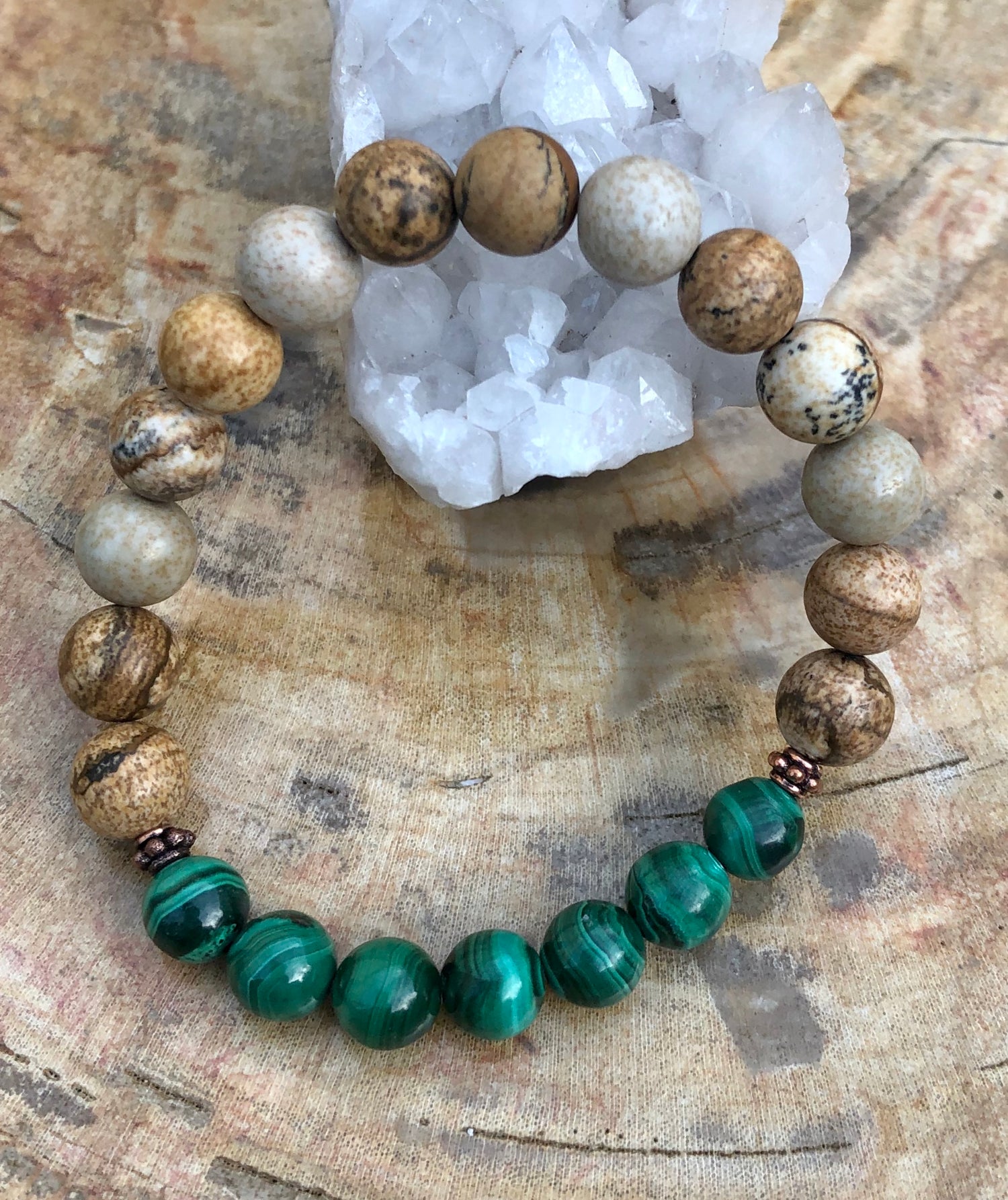 Malachite &amp; Picture Jasper Stretch Bracelet! Genuine Stones!