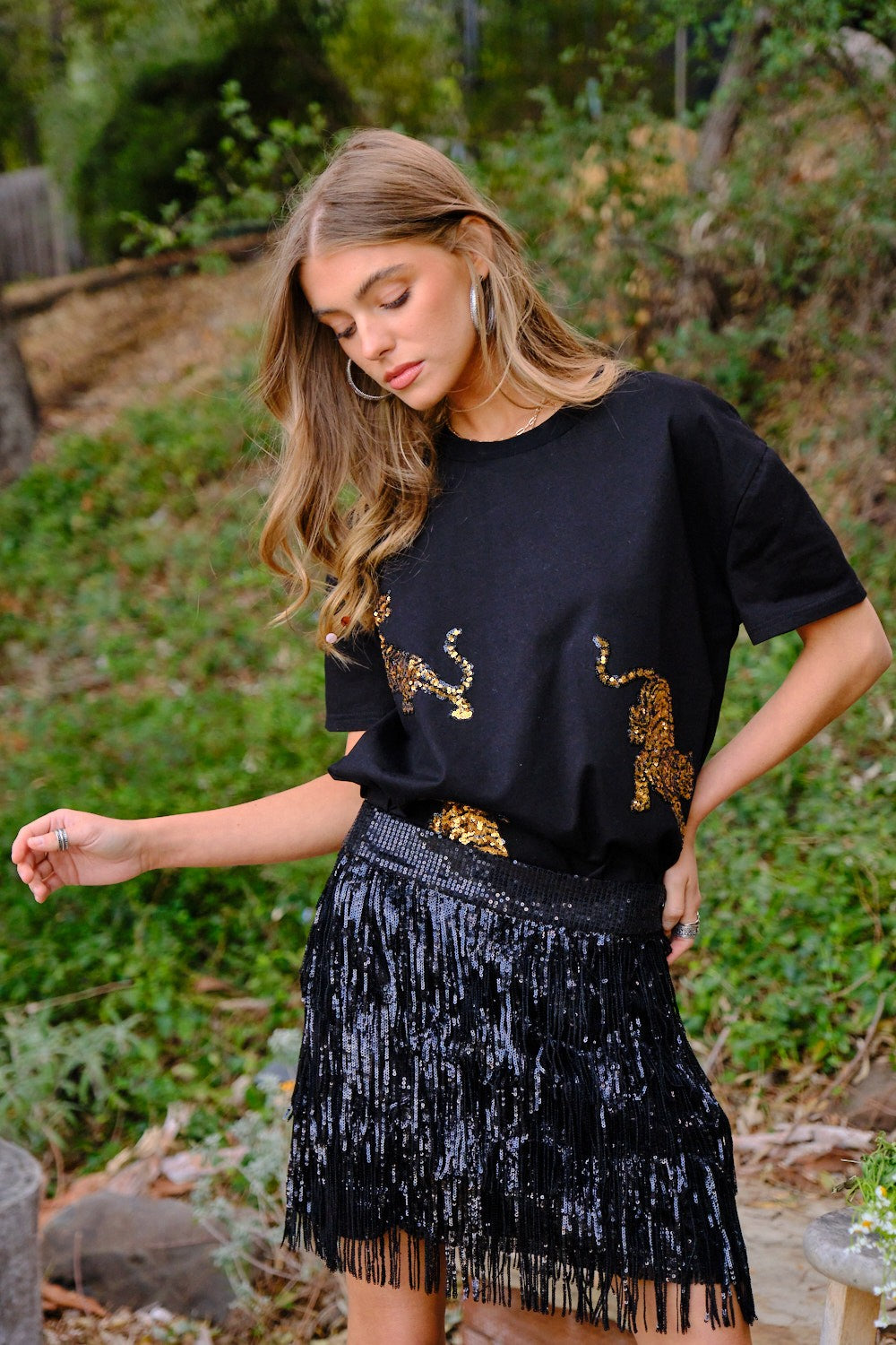 Gold Sequin Tiger Graphic Short Sleeve Cotton T-shirt