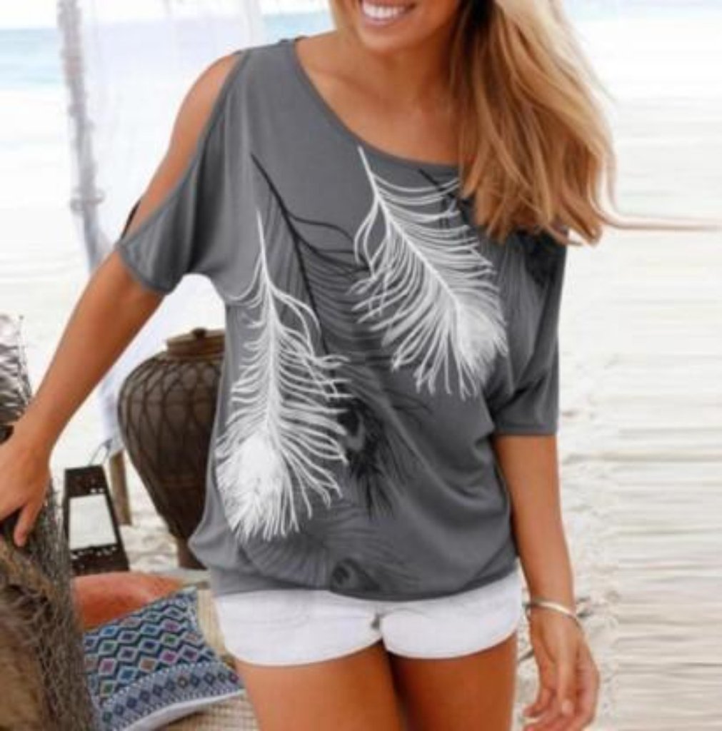 Dames gesneden schouder casual T-shirt met verenprint 