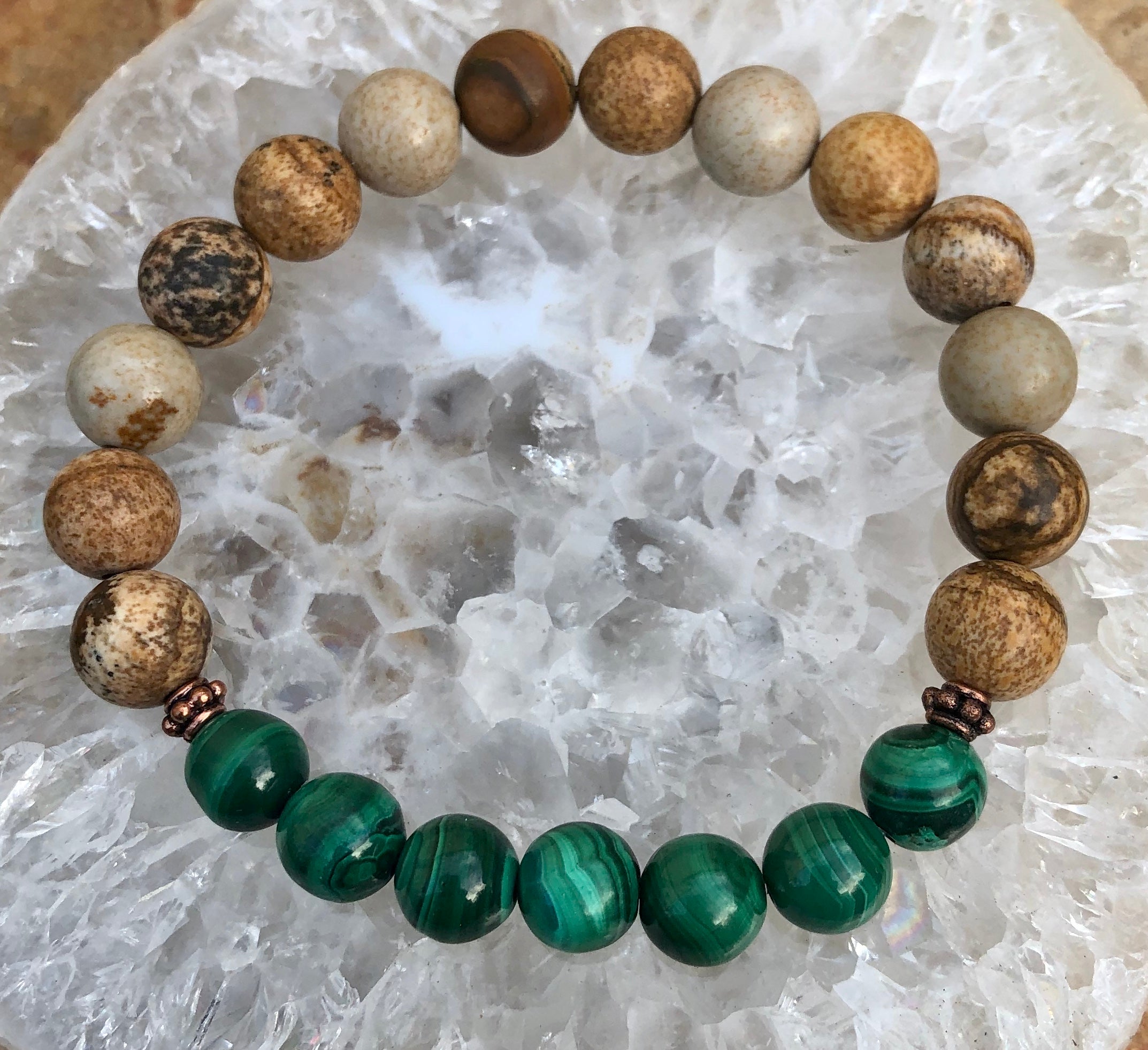 Malachite &amp; Picture Jasper Stretch Bracelet! Genuine Stones!