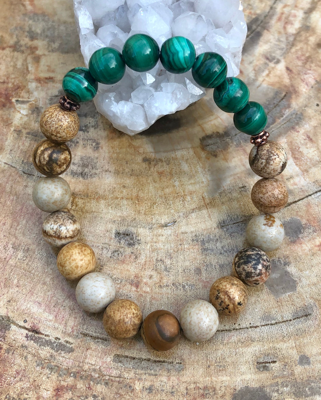 Malachite &amp; Picture Jasper Stretch Bracelet! Genuine Stones!