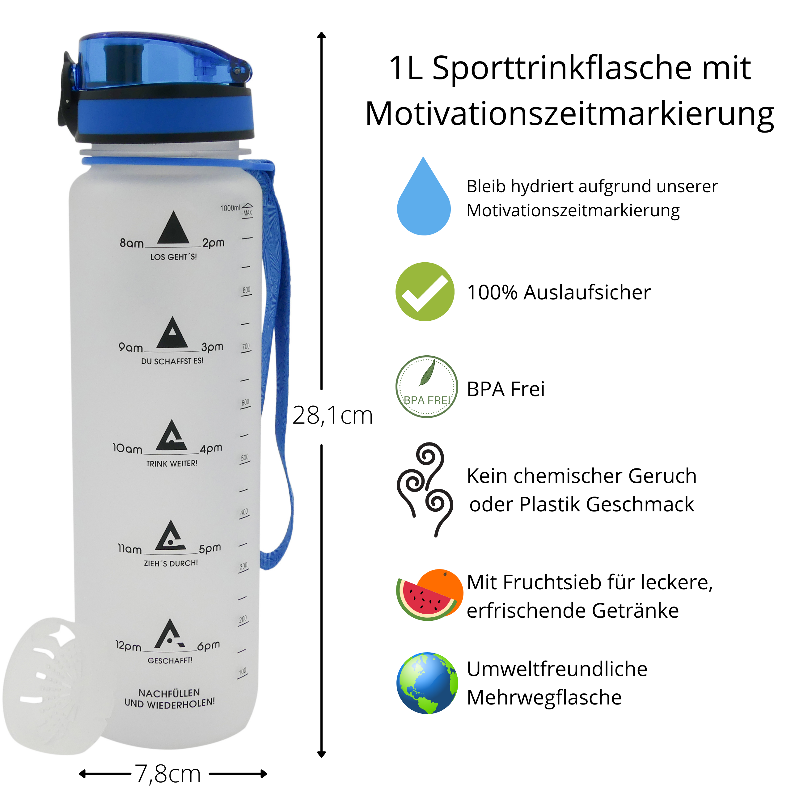 Sportwaterfles van 1 liter met tijdmarkering en motivatie