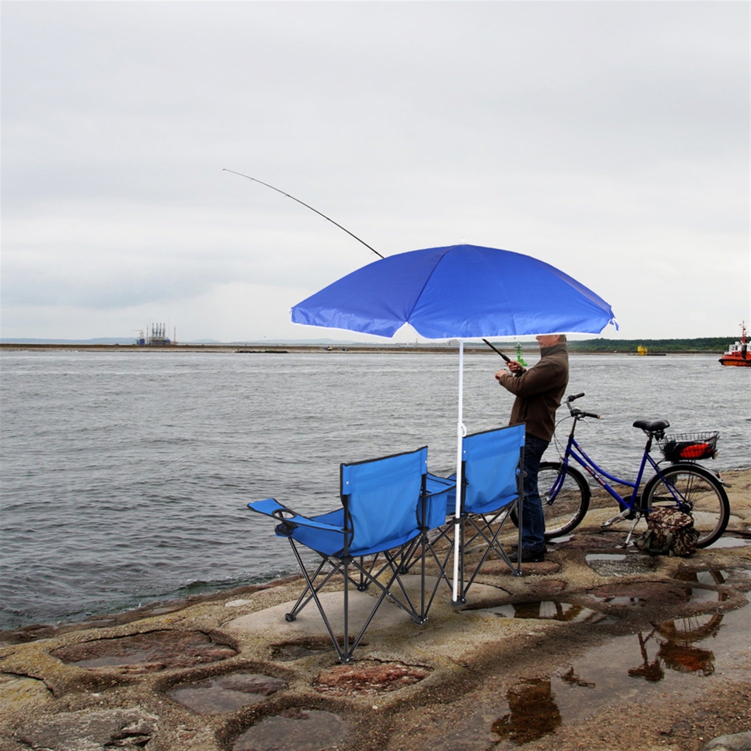 Draagbare 2-zits klapstoel voor buiten met afneembare parasol 