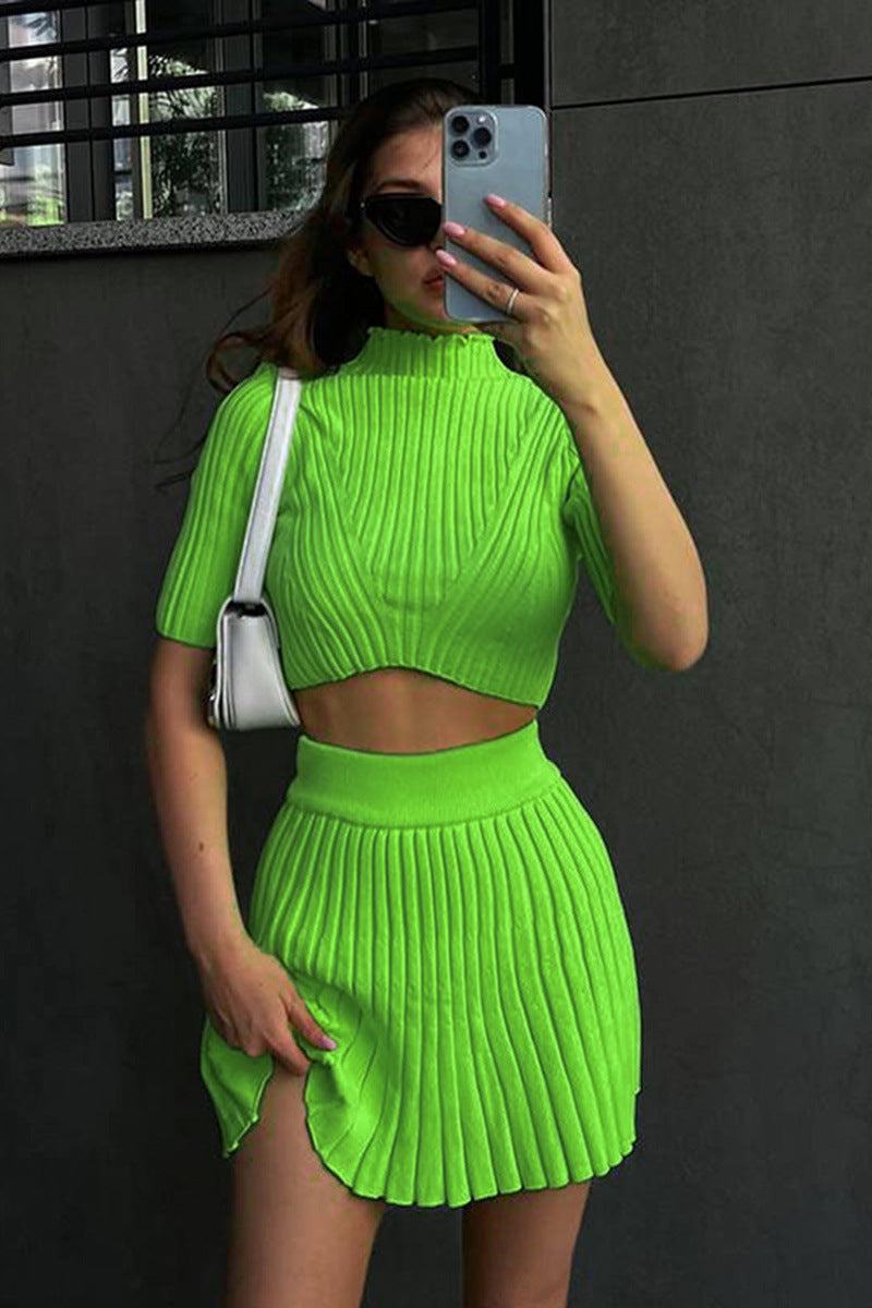 Sunken Stripe Knitted Skirt Short Sleeve Suit