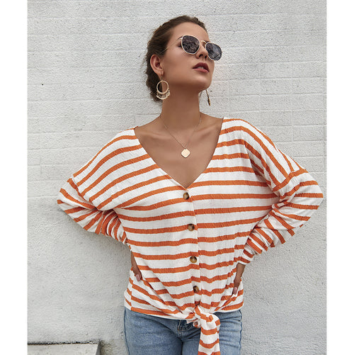 V-neck Striped Long Sleeve Knitwear