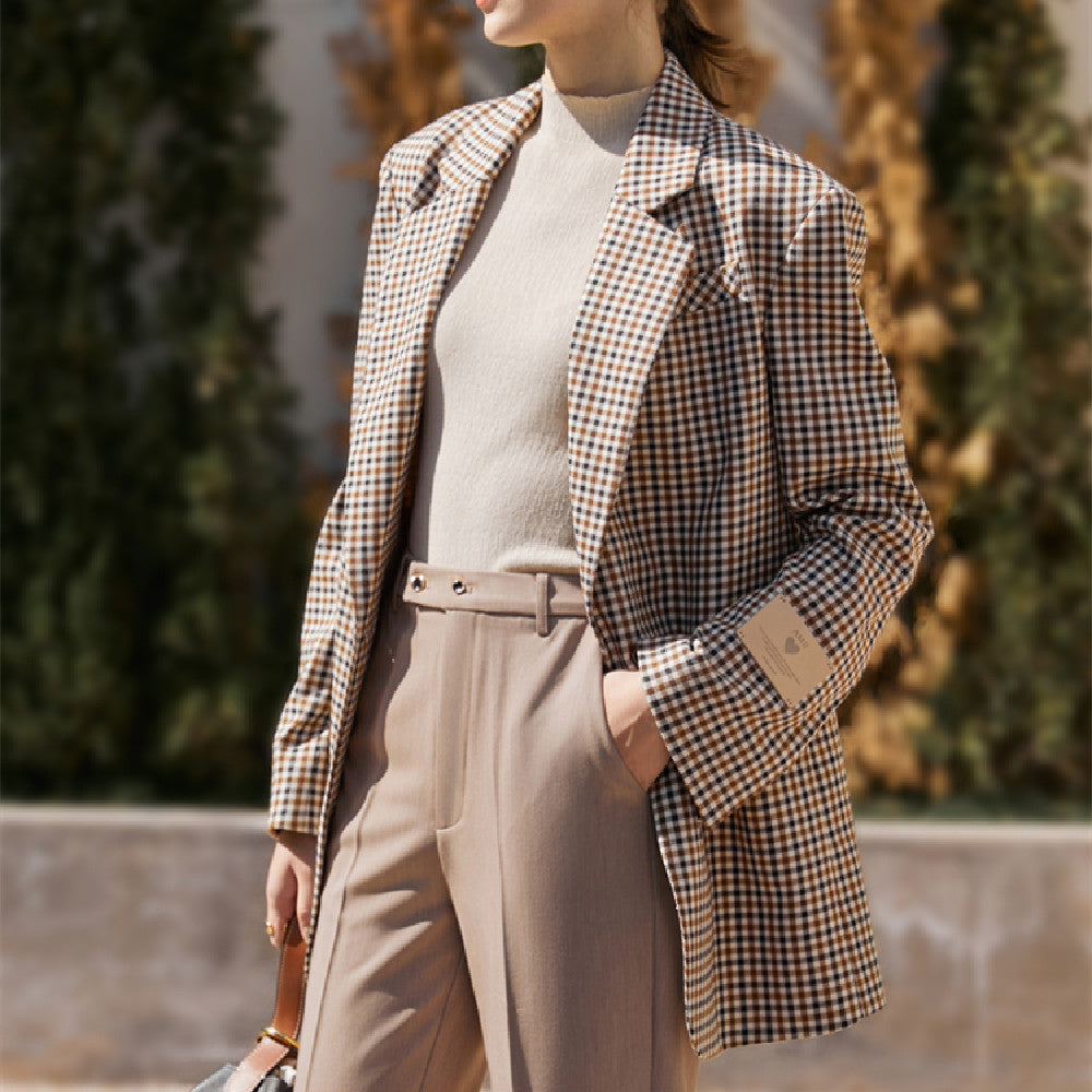 Niche Vintage Plchecked Suit Jacket For Women With Wide Shoulders