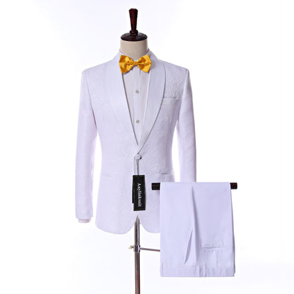 Custom Size Jacquard Groomsmen White Groom Tuxedos Shawl