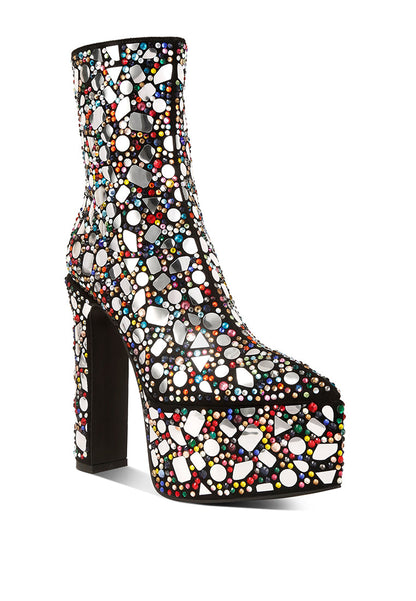 fancy mirror embellished platform high heel boots