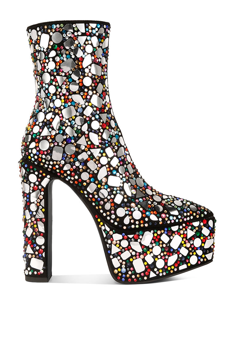 fancy mirror embellished platform high heel boots