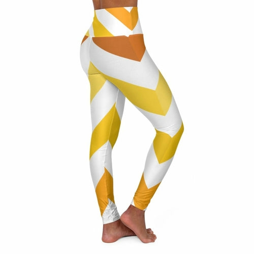 High Waisted Yoga Pants, Yellow And White Herringbone Style Sports