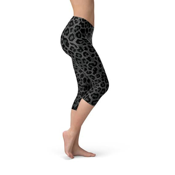 Womens Black Leopard Spots Capri Leggings