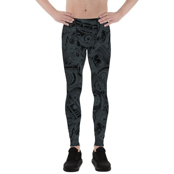 Mens Leggings - Black Leggings with Auto Parts