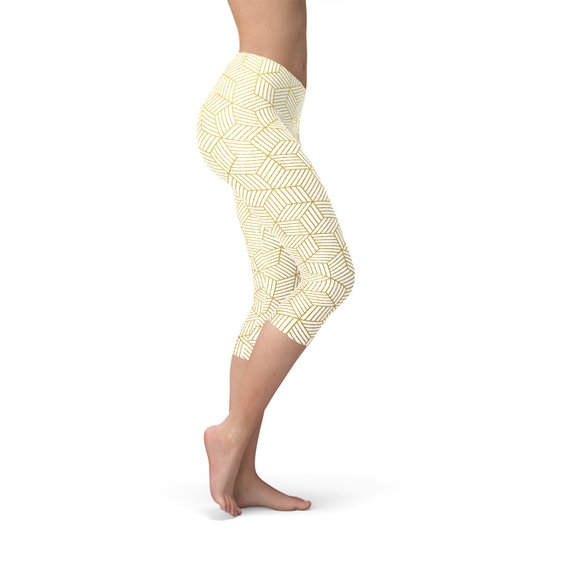 Womens White Capri Leggings w/ Geometric Cubes