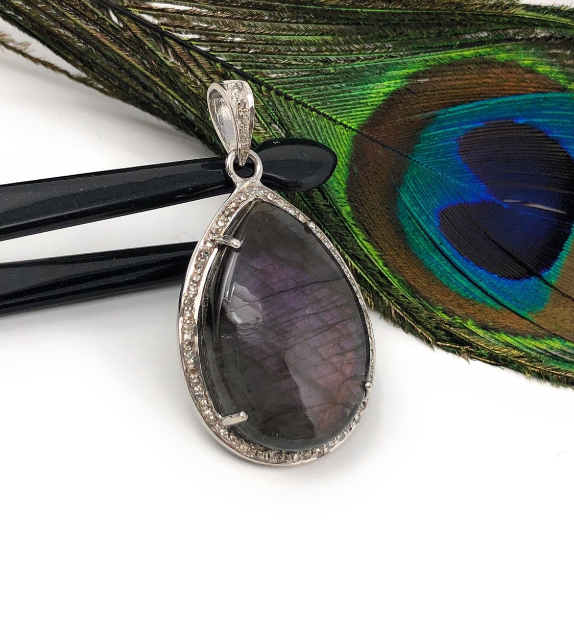 Labradorite Pendant, Gemstone Pendant, Diamond Pendant, Sterling Silve