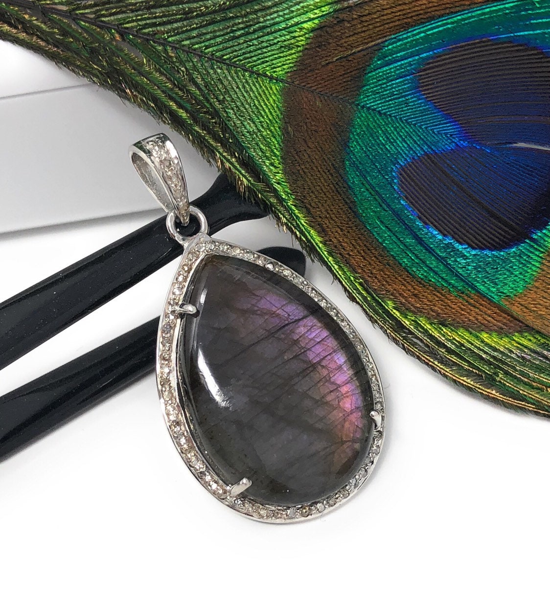 Labradorite Pendant, Gemstone Pendant, Diamond Pendant, Sterling Silve