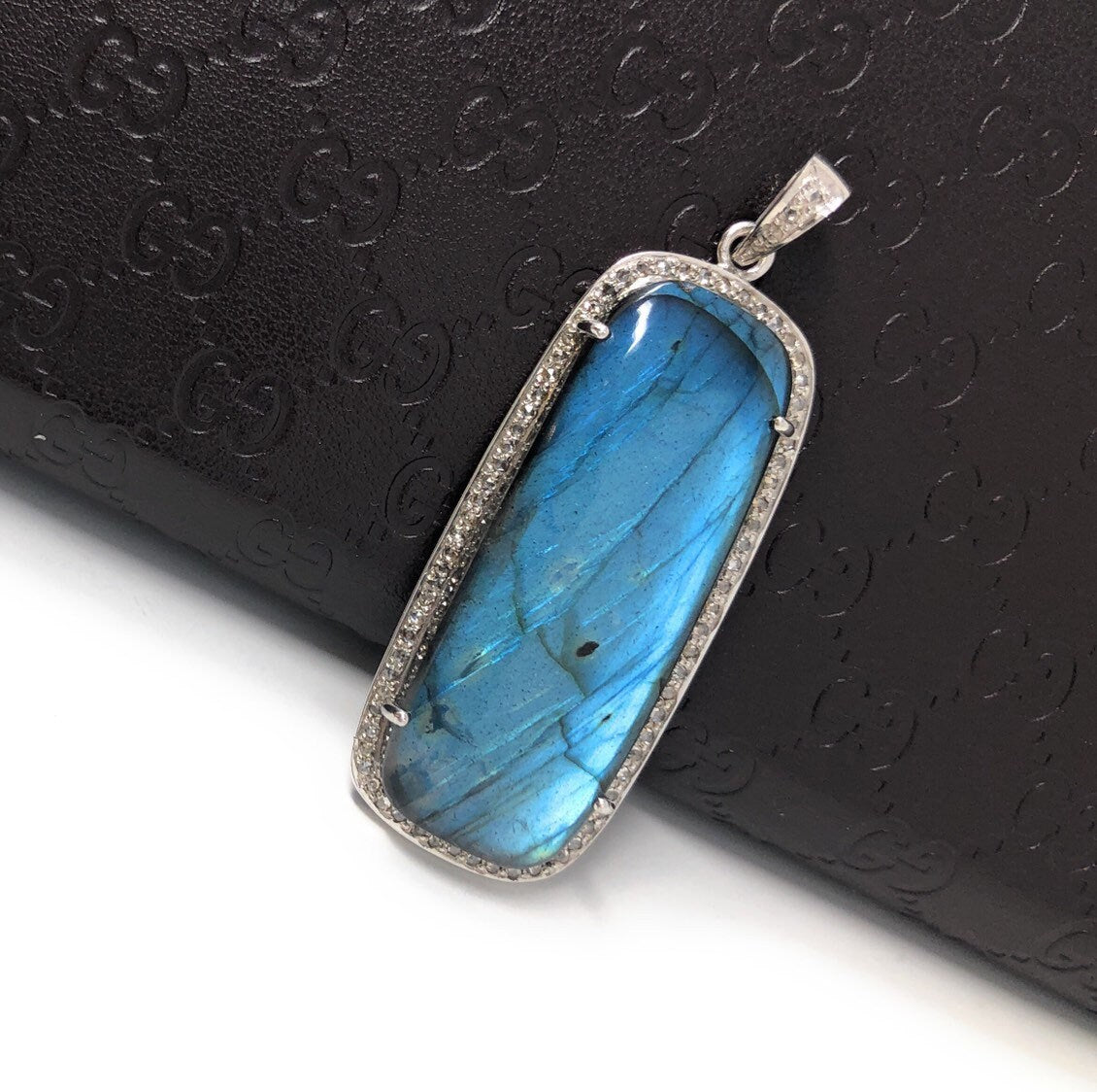 Labradorite Pave Diamond Pendant, Labradorite Gemstone Pendant, Sterli