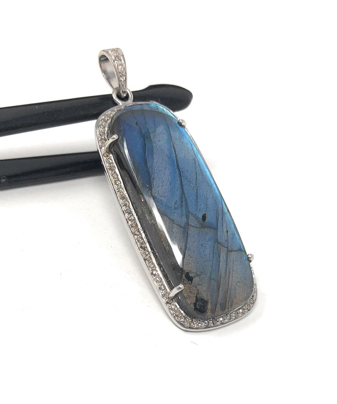 Labradorite Pave Diamond Pendant, Labradorite Gemstone Pendant, Sterli