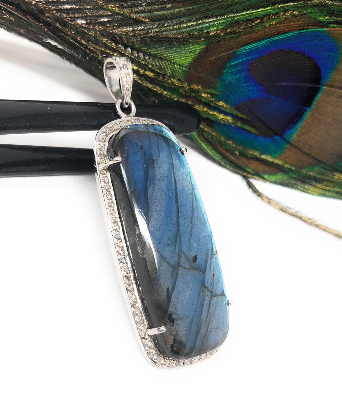 Labradorite Pave Diamond Pendant, Labradorite Gemstone Pendant, Sterli