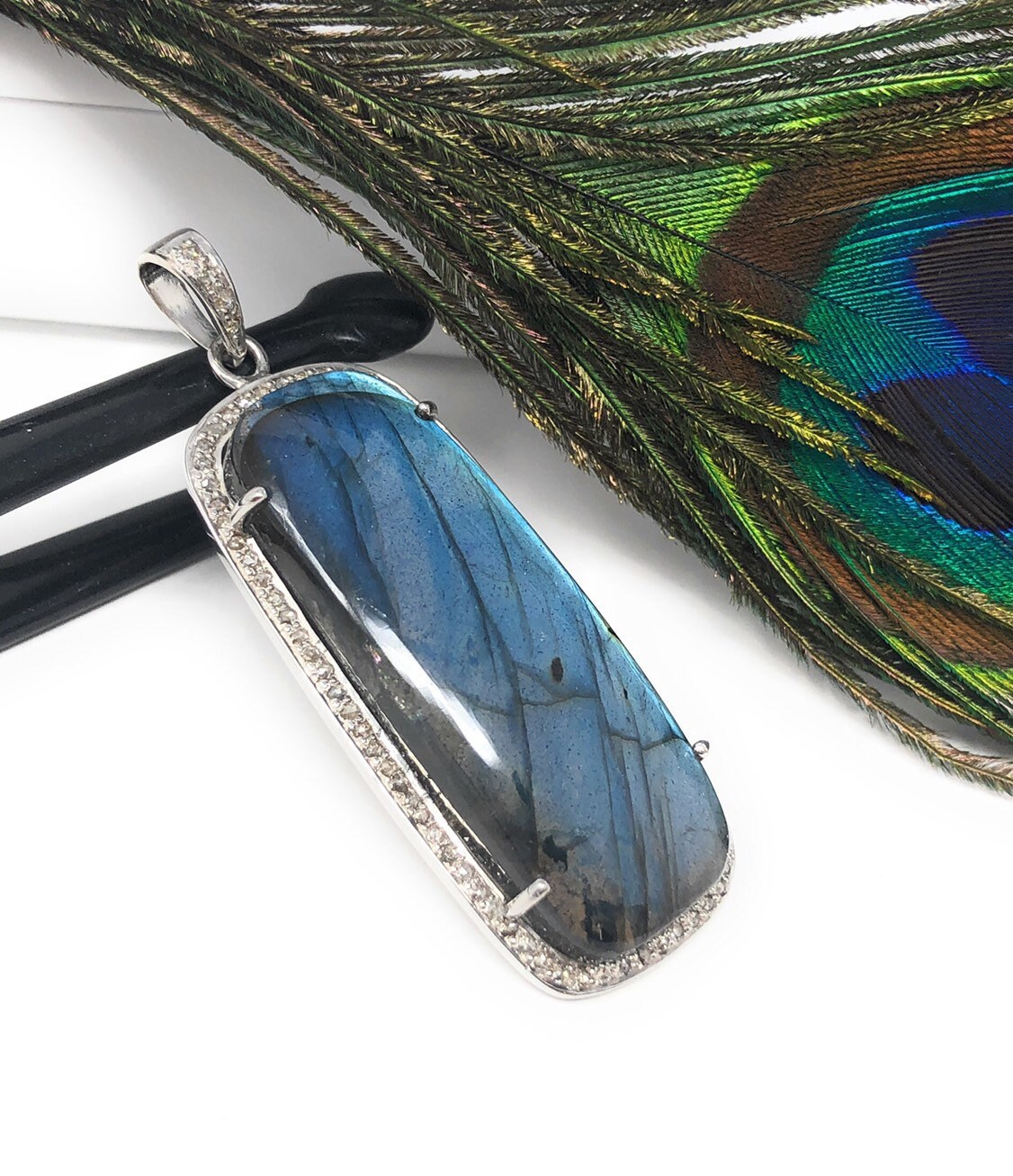 Labradorite Pave Diamond Pendant, Labradorite Gemstone Pendant, Sterli