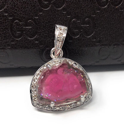 Pink Tourmaline Pendant, Gemstone Pendant, Pave Diamond Pendant, Sterl