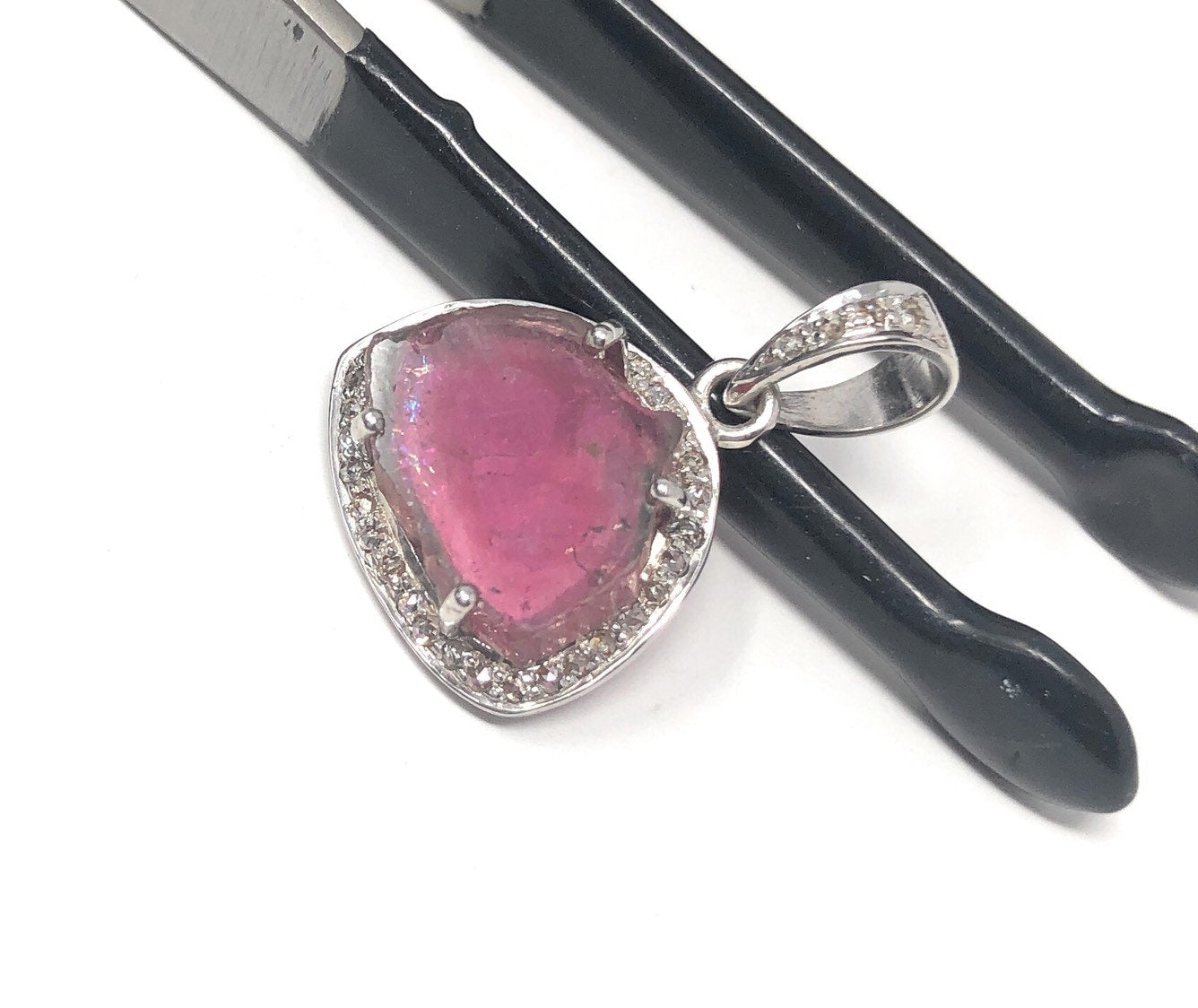 Pink Tourmaline Pendant, Gemstone Pendant, Pave Diamond Pendant, Sterl