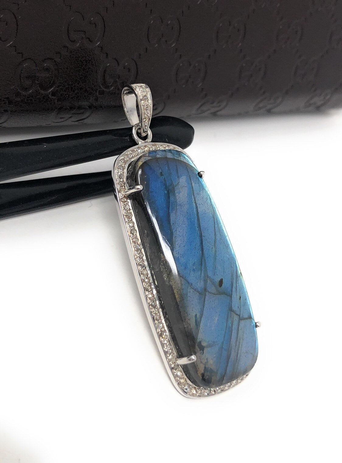 Labradorite Pave Diamond Pendant, Labradorite Gemstone Pendant, Sterli