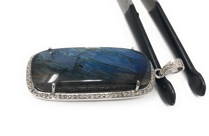 Labradorite Pave Diamond Pendant, Labradorite Gemstone Pendant, Sterli