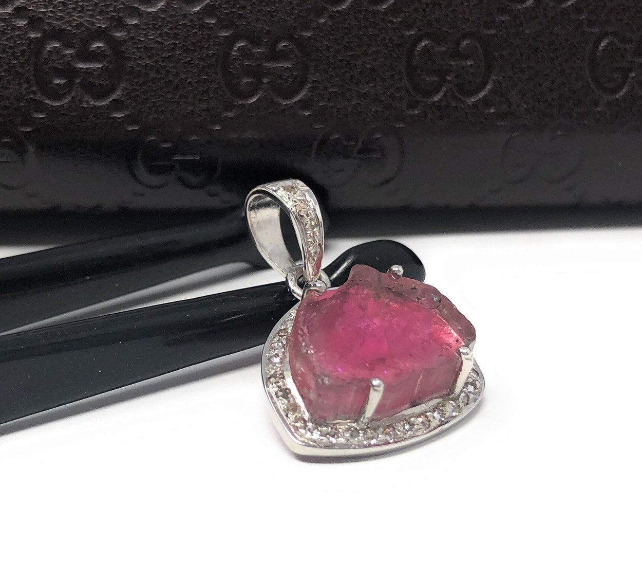 Pink Tourmaline Pendant, Gemstone Pendant, Pave Diamond Pendant, Sterl