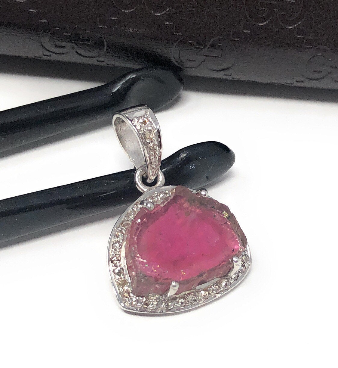 Pink Tourmaline Pendant, Gemstone Pendant, Pave Diamond Pendant, Sterl