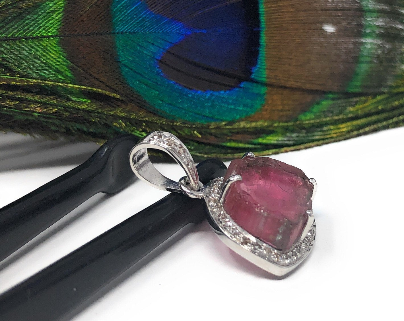 Pink Tourmaline Pendant, Gemstone Pendant, Pave Diamond Pendant, Sterl