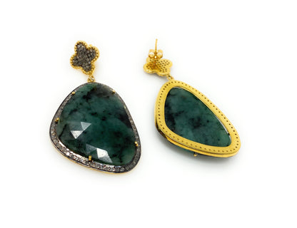 Genuine Emerald Pave Diamond Earrings, Natural Gemstone Earrings, Vict