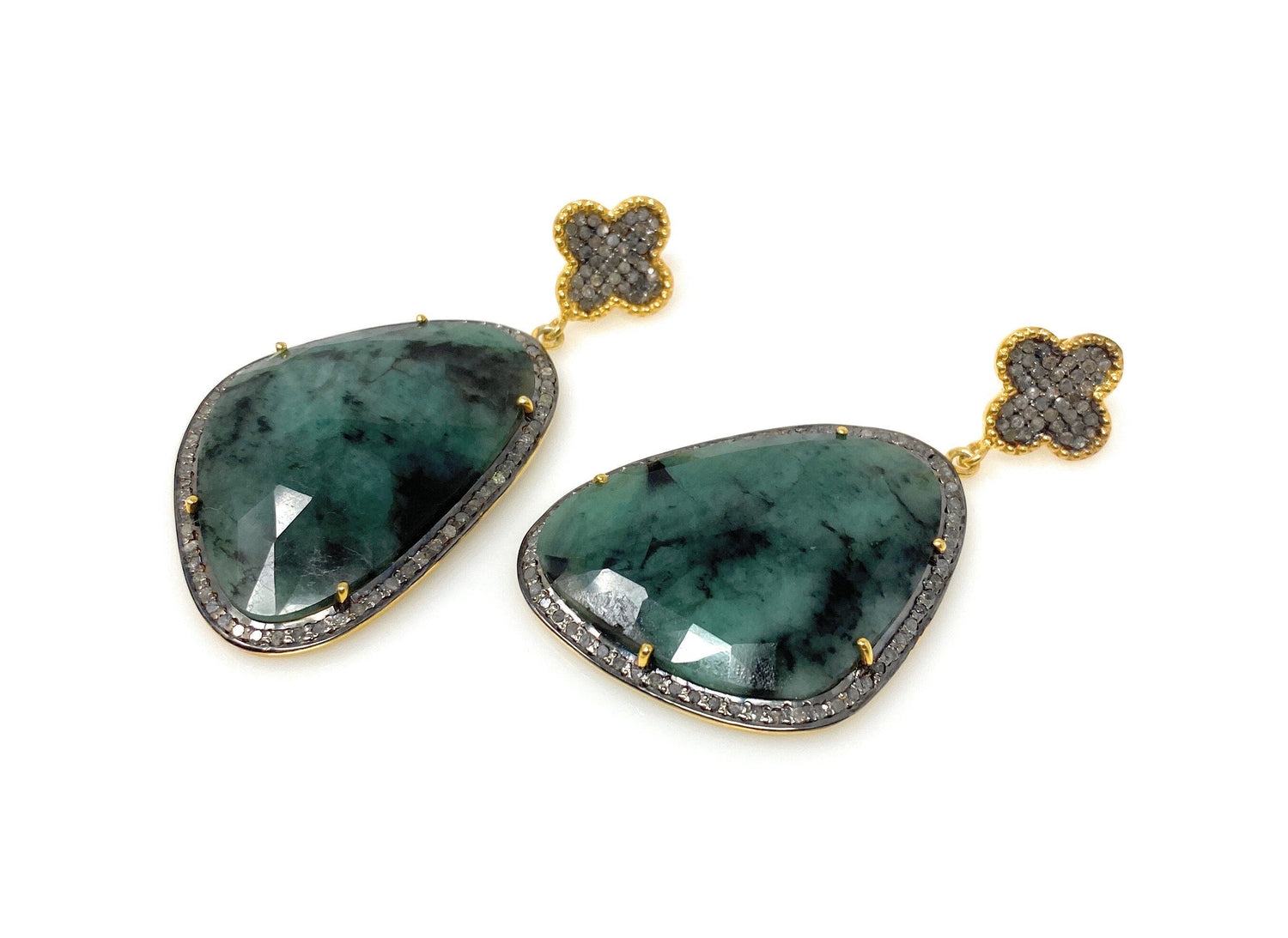 Genuine Emerald Pave Diamond Earrings, Natural Gemstone Earrings, Vict