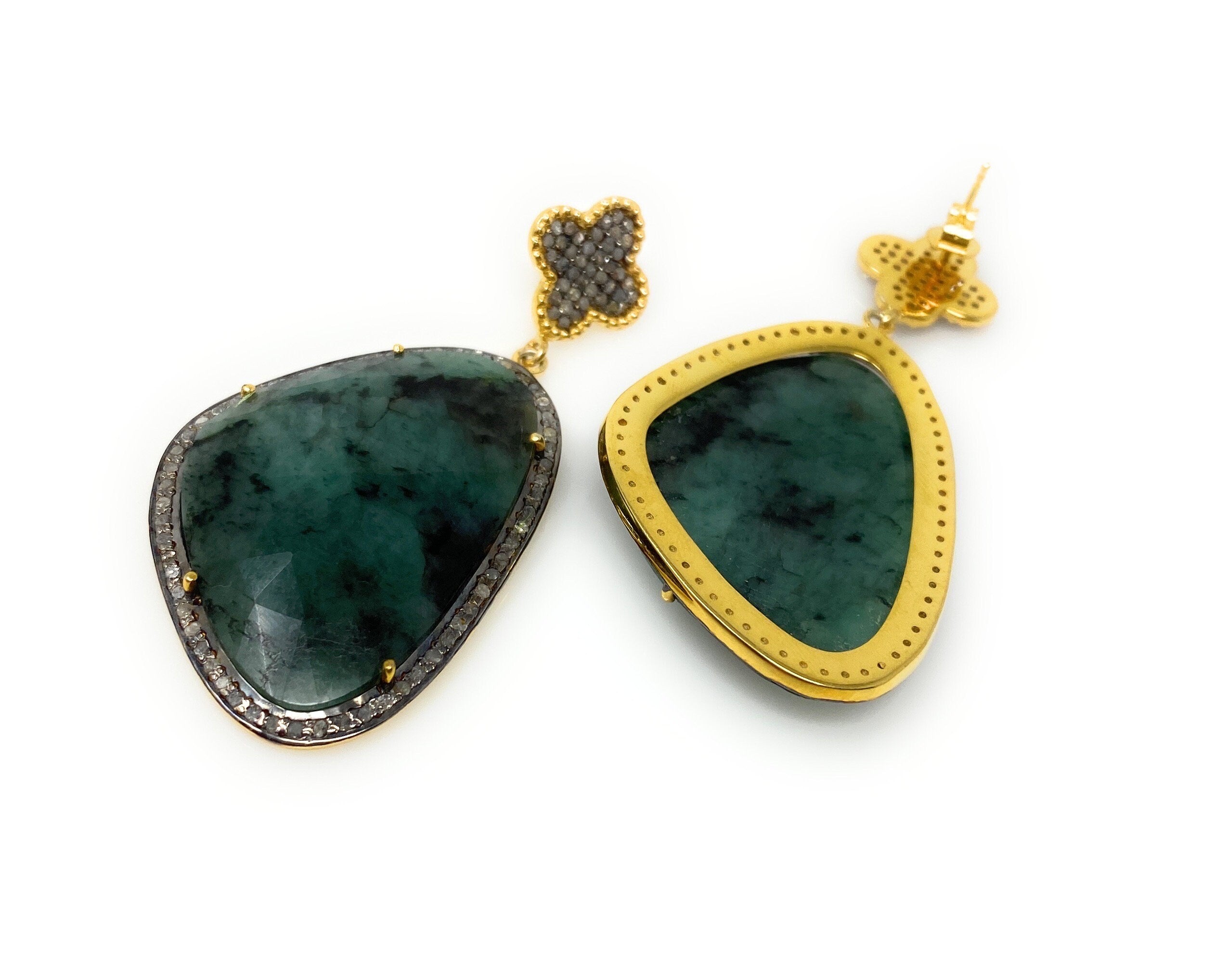 Genuine Emerald Pave Diamond Earrings, Natural Gemstone Earrings, Vict