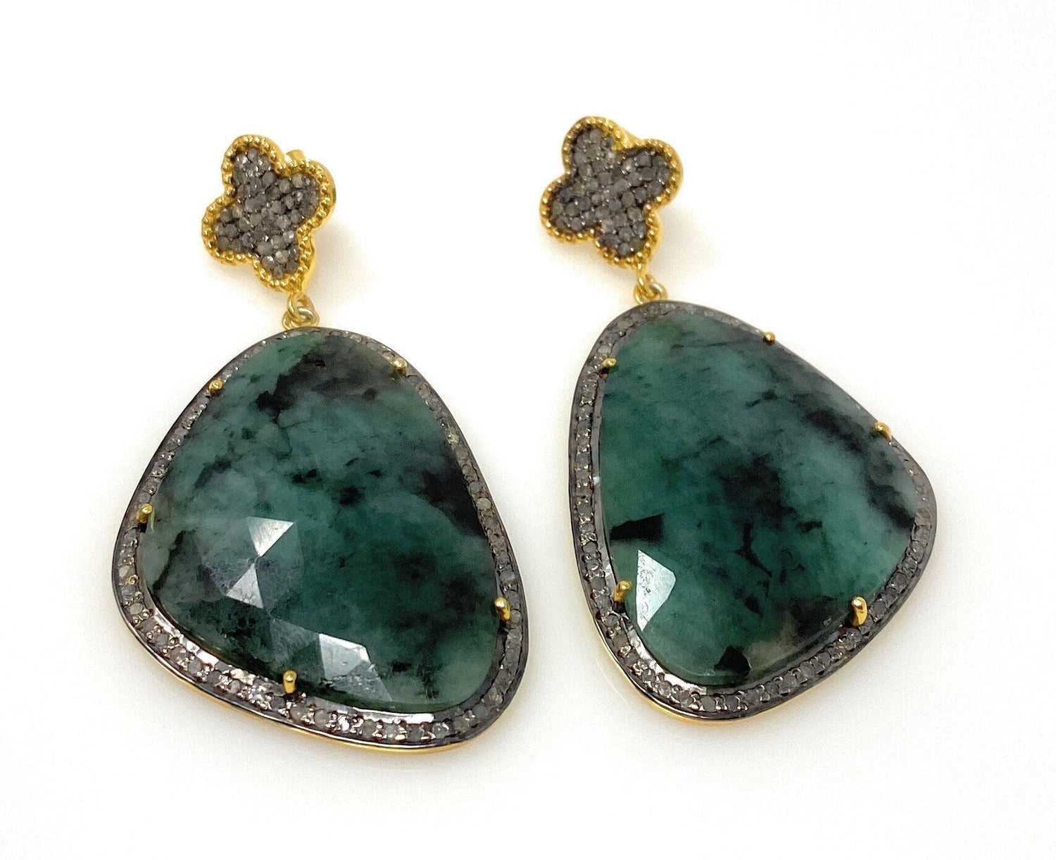 Genuine Emerald Pave Diamond Earrings, Natural Gemstone Earrings, Vict