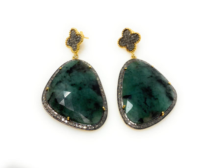 Genuine Emerald Pave Diamond Earrings, Natural Gemstone Earrings, Vict