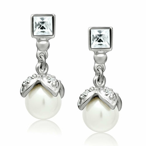 LO1973 - Rhodium White Metal Earrings with Synthetic Pearl in White