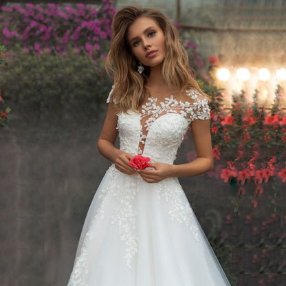 Wedding Dresses Vertigo De Novia Short Sleeves Scoop Neck Illusion