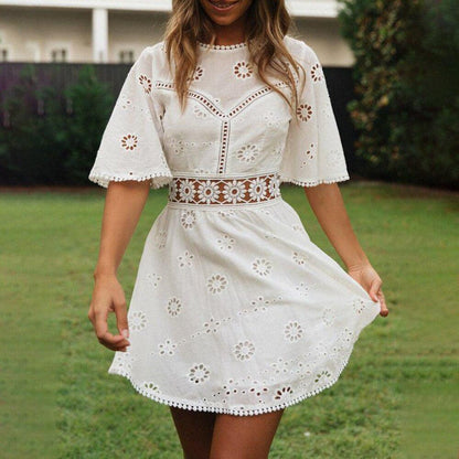 Backless Dress Short Sleeve Mini Cocktail Sundress Cotton+Lace Lady