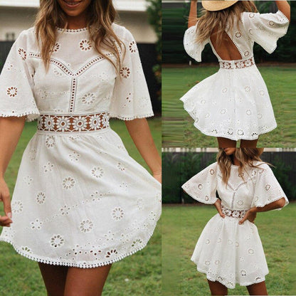 Backless Dress Short Sleeve Mini Cocktail Sundress Cotton+Lace Lady