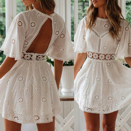 Backless Dress Short Sleeve Mini Cocktail Sundress Cotton+Lace Lady