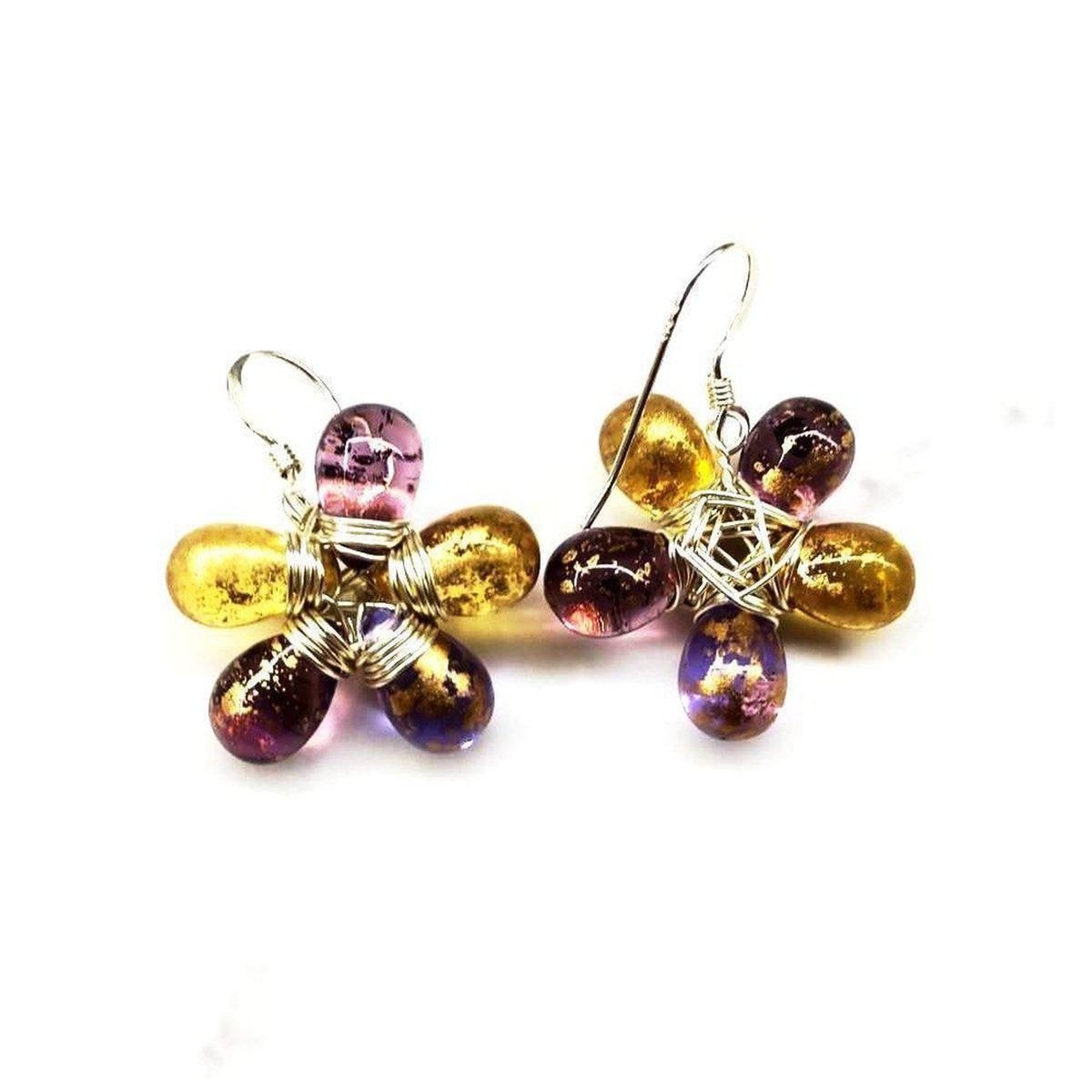 Purple and Yellow Flower Sterling Silver Earrings