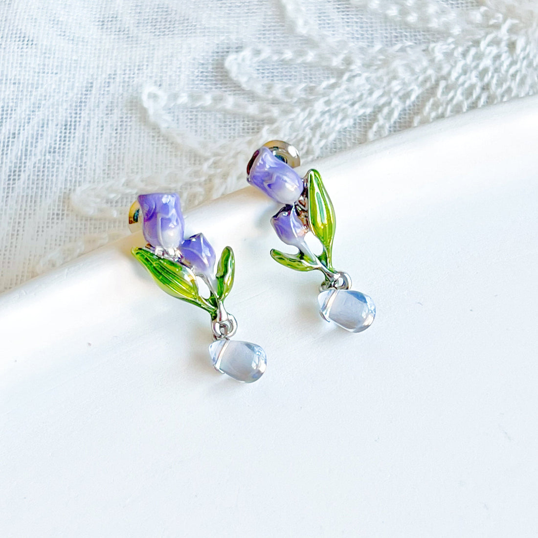 Purple Tulips Flower with Leaves Drop Earrings