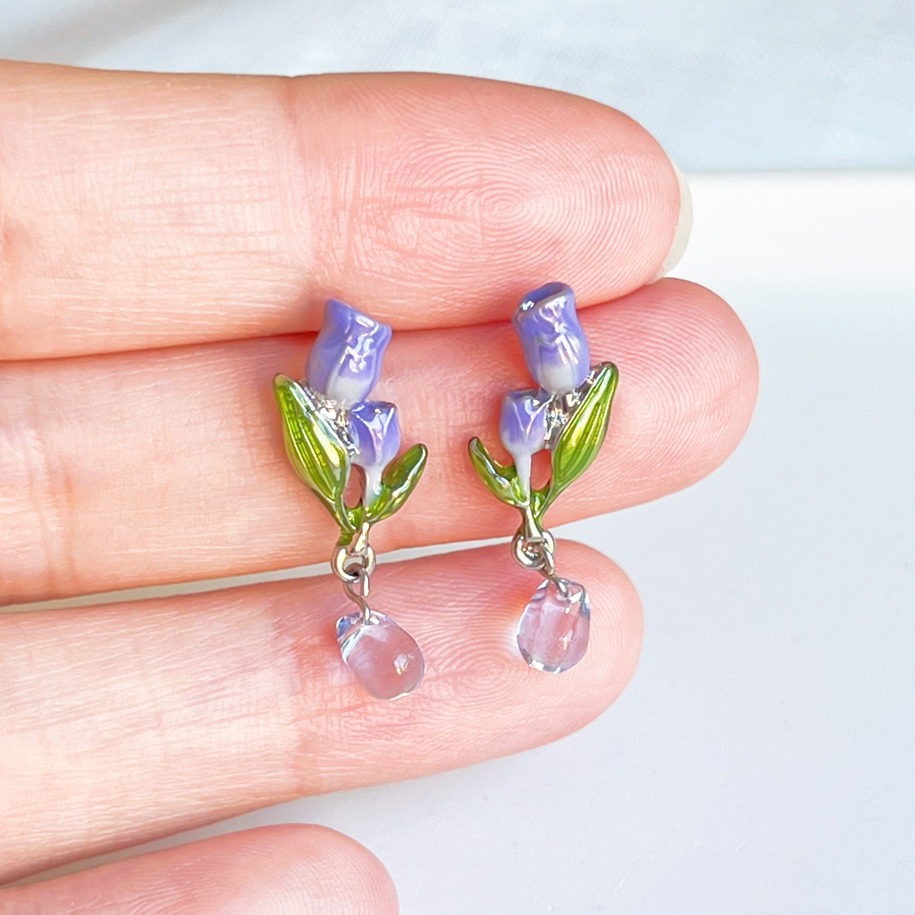 Purple Tulips Flower with Leaves Drop Earrings