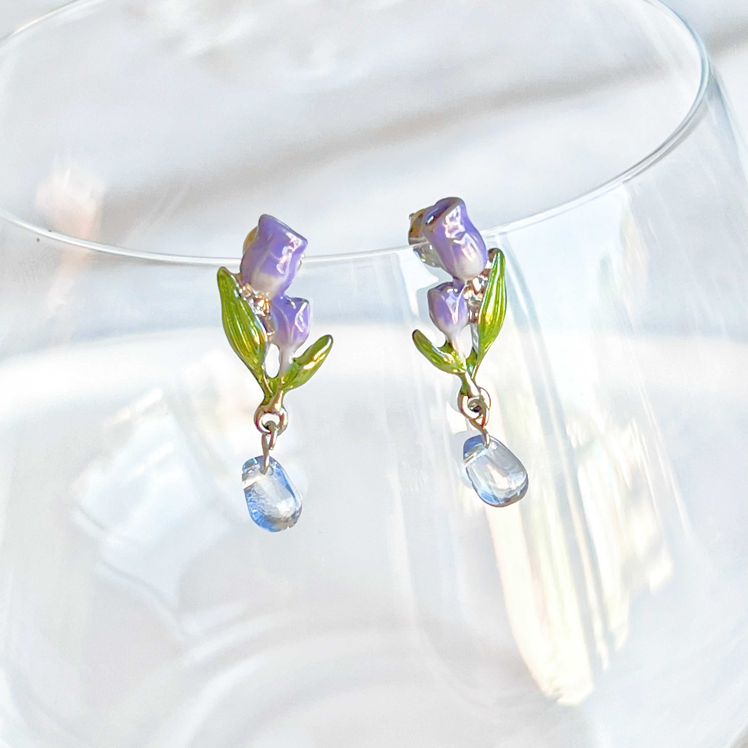 Purple Tulips Flower with Leaves Drop Earrings