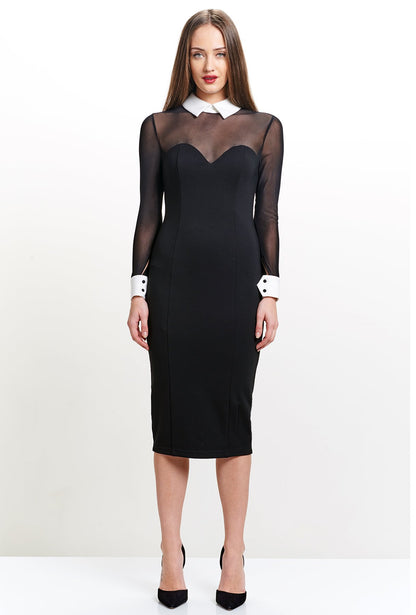 Tuxedo Illusion Dress - Midi dress with mesh sleeves, &amp; contrast