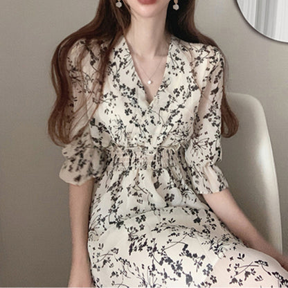 2021 new breastfeeding bellflower French sweet waist thin temperament v-neck floral chiffon dress